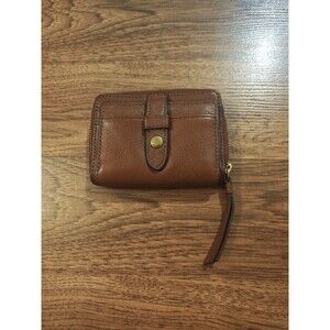 Fossil Fiona Goat Leather Wallet Brown Folding Snap Closure Full Zip Classic